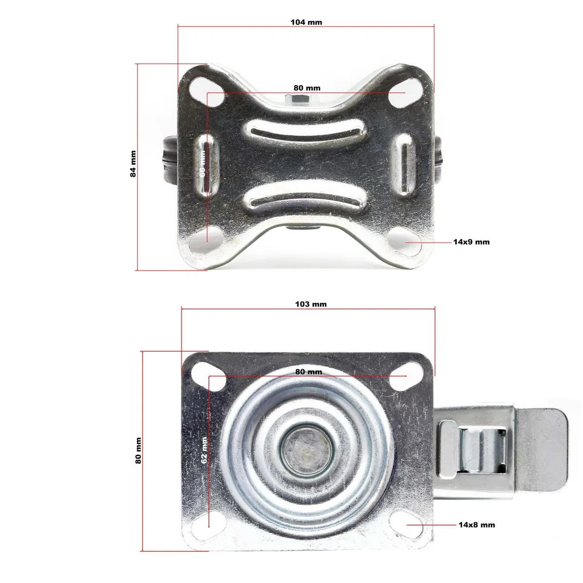 Wiltec Kit 4x Roulette – 2x Pivotantes double arrêt et 2x Fixes – Diamètre 100 mm – Capacité 70 kg/roue – Charge lourde, Caoutchouc plein Transport Meuble