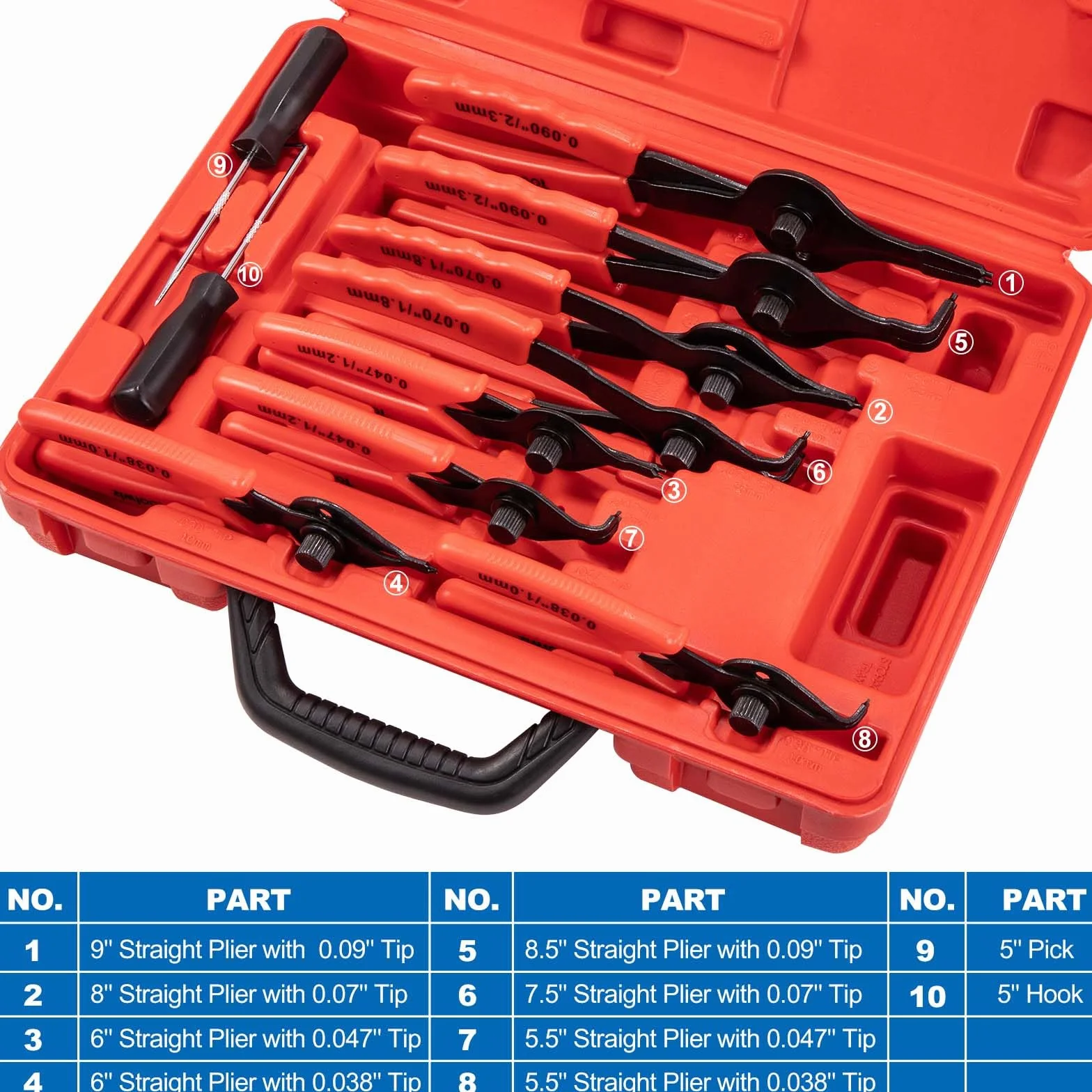 Toolwiz Lot de 10 pinces à circlips internes et externes pour anneau de retenue en C, outils automobiles droits courbés et robustes, avec crochet, médiator et étui de rangement