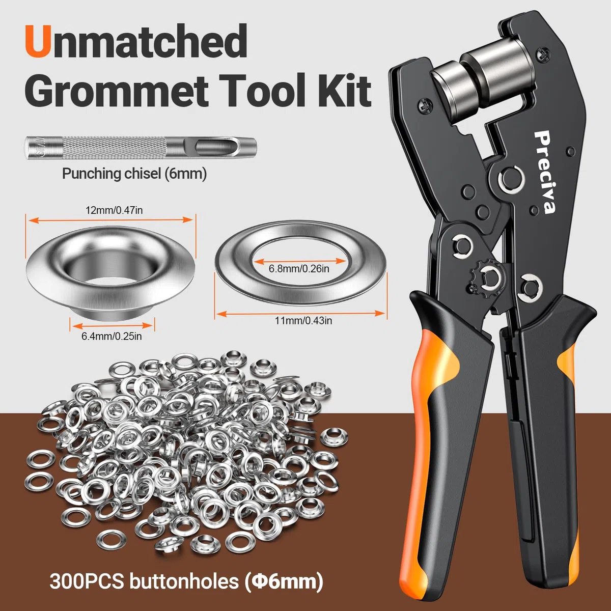 Pince à Oeillets Professionnelle, Preciva 6mm Pinces a Oeillet Magnétique avec 300pcs Œillets Métalliques Kit de Perforatrice Cliquet D'œillets pour Bâches, Affiche, PVC Bannière, Carton