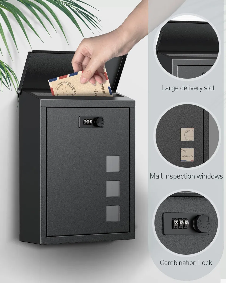 Uniclife Grande Boîte aux Lettres Murale pour Extérieur avec Serrure à Combinaison Boîte de Dépôt de Clés Sécurisée pour Maison École Bureau et Usage Extérieur en Couleur Noire