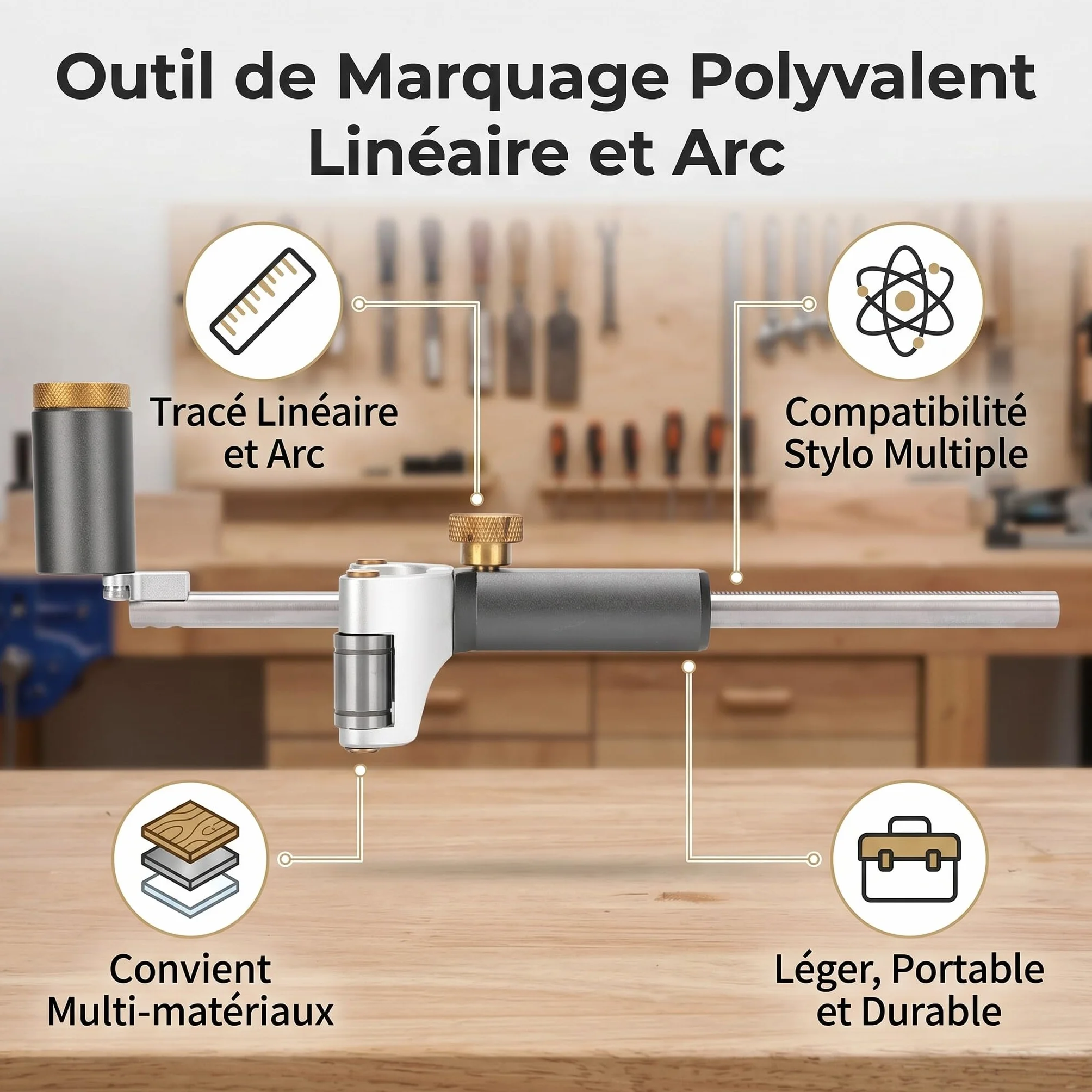 Outil de Traçage D'arc Linéaire à Ligne Droite pour le Travail du Bois, Outil de Dessin de Ligne Parallèle de Règle de Bricolage à Double Usage