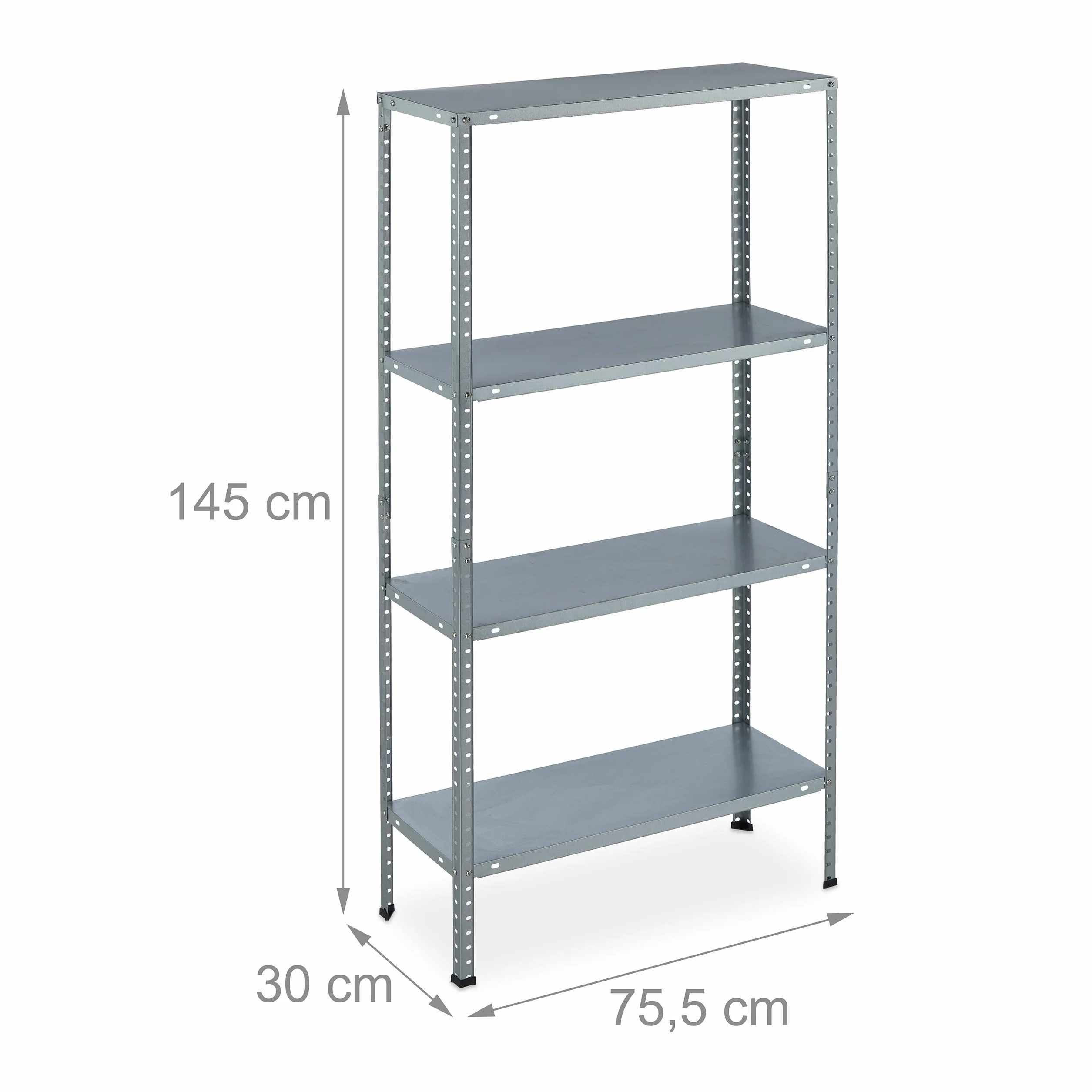 Relaxdays Étagère à charge lourde galvanisée, HLP 145x75,5x30 cm, 4 niveaux, 160 kg max., acier, cave, garage, argenté