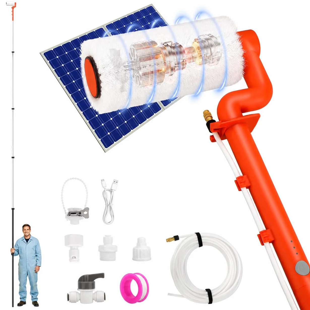 Brosse Telescopique Toiture Électrique Télescopique de 6,5M Perche Telescopique Nettoyage Panneaux Solaires pour Systèmes PV, Fenêtres, Toits de Terrasse et Nettoyage