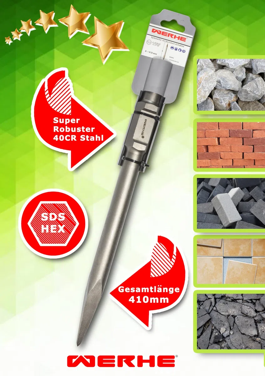 WERHE Profesional SDS Hex espiga puntiagudo cincel para demolición martillo 30 x 410 mm acero inoxidable