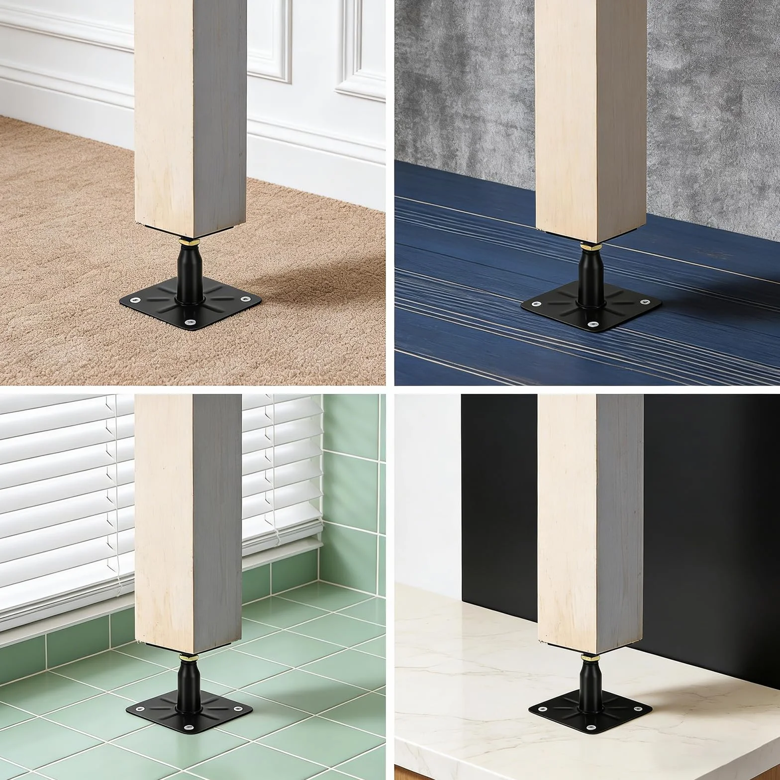 Lot de 4 supports de poteau, 100 à 150 mm, galvanisés, hauteur réglable, avec 16 vis, en acier galvanisé, pied de support pour terrasses, clôtures, abris, pergolas, travaux de construction
