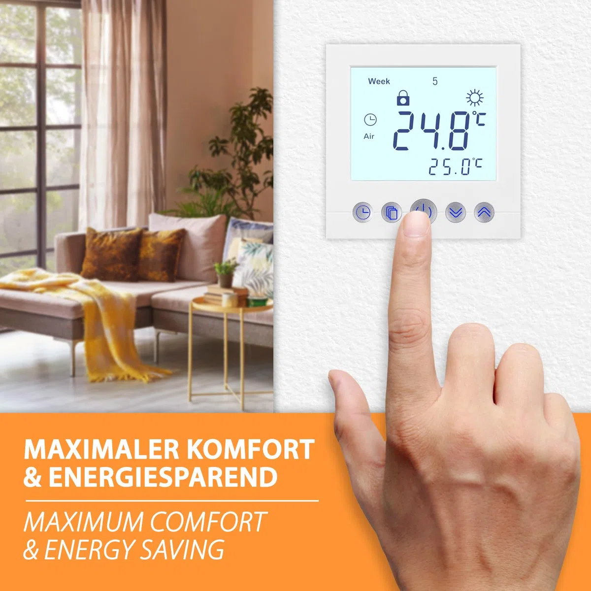 Thermostat numérique encastré blanc avec écran de 8 cm de diagonale - Programmation hebdomadaire - Sécurité enfant - Pour chauffage au sol électrique ou à eau