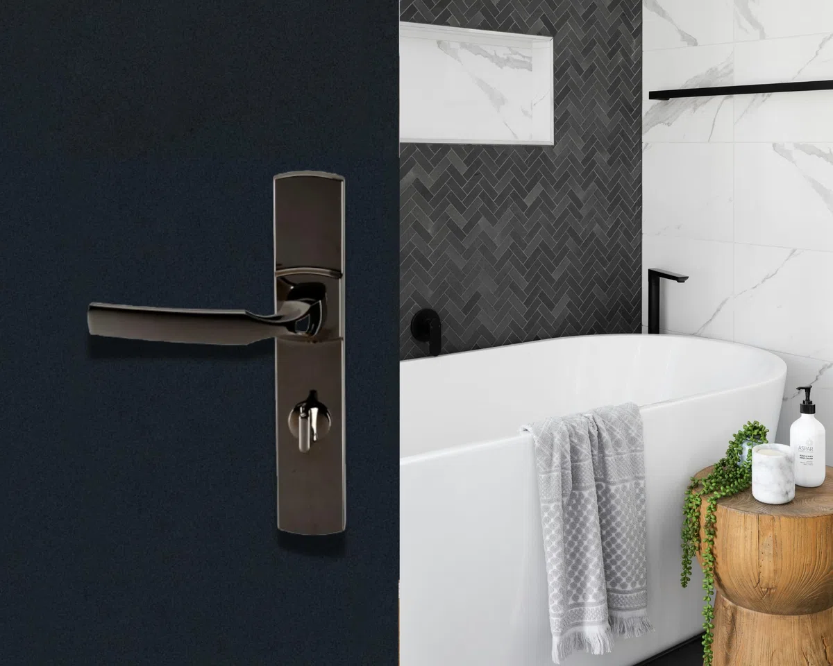 Vachette Ensemble de Poignée de Porte sur Plaque ARTIS - Version à Condamnation pour Porte de WC, Salle de Bain - Entraxe 195 mm - Matériau Zamak Résistant - Garantie 10 Ans - Finition Diamant Noir