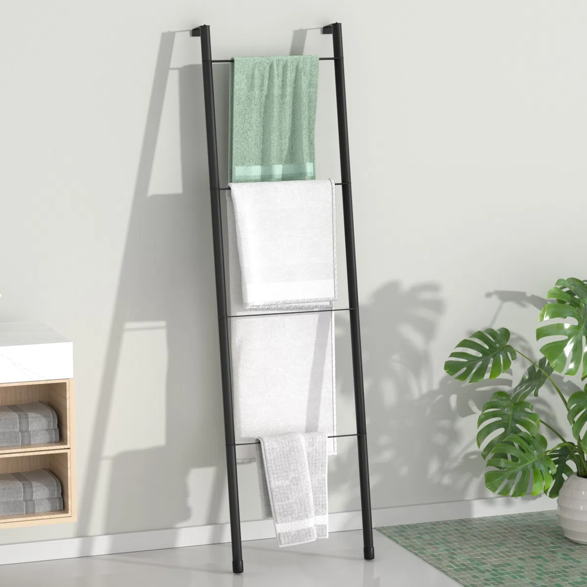 pickpiff Échelle de couverture en métal noir – Porte-serviettes mural sur pied pour salle de bain, salon, cuisine, support pour serviettes, couvertures, jetés, quits (4 niveaux, noir)