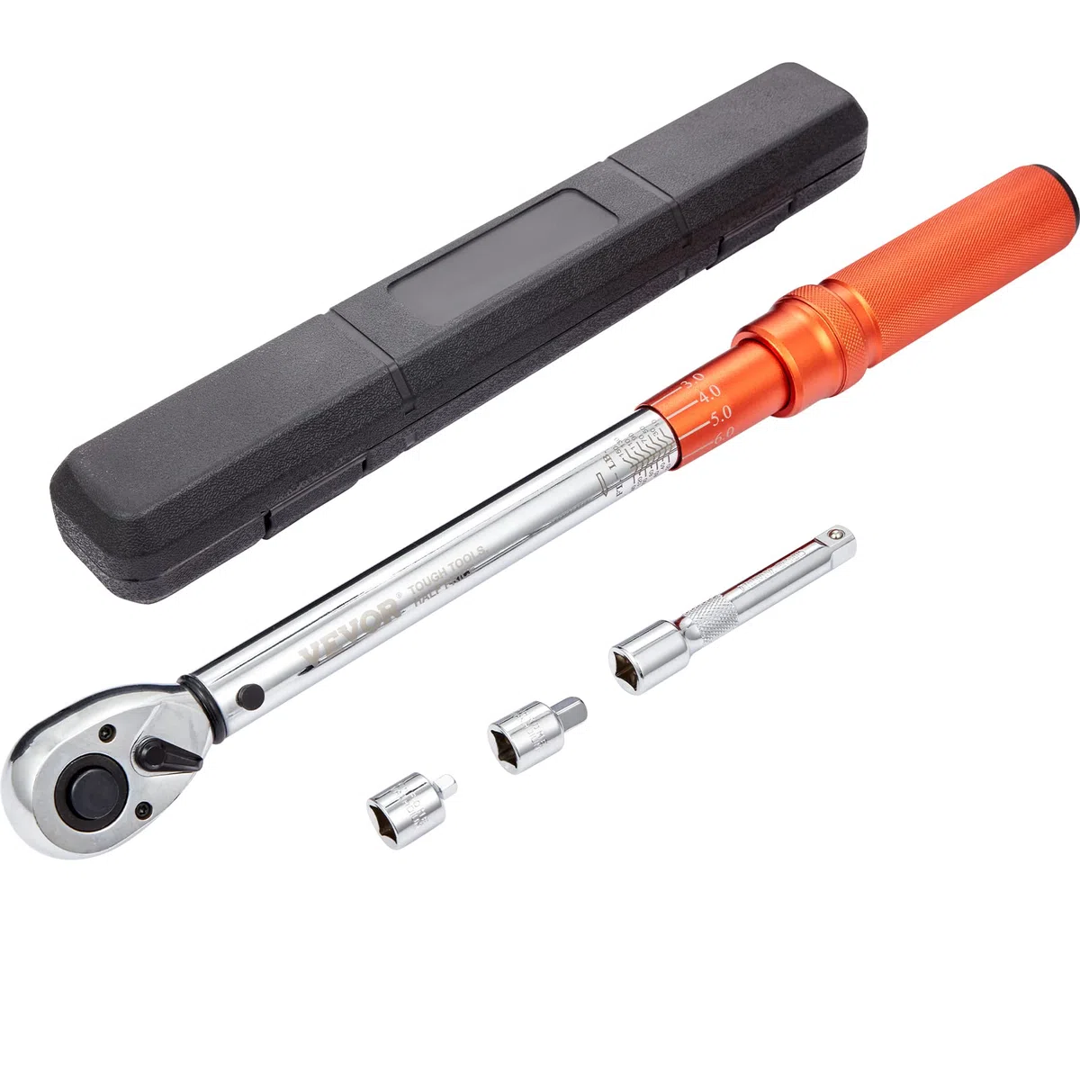 VEVOR 1/2" Clé Dynamométrique Mécanique Clé de Torsion 14-204 N.m Précision ±3% Clé à Cliquet Réglable 72 Dents Contre Surcouple avec Adaptateurs 6,35/9,5 mm Rallonge 127 mm Kit d’Entretien Auto Moto