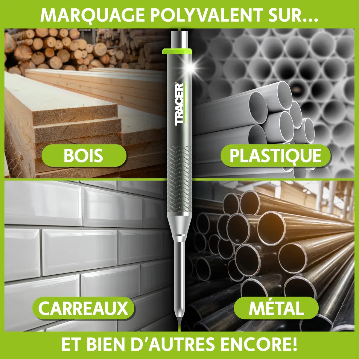Tracer Pro Series Crayon de construction à trous profonds en aluminium avec 6 paquets de mines de rechange et étuis de chantier
