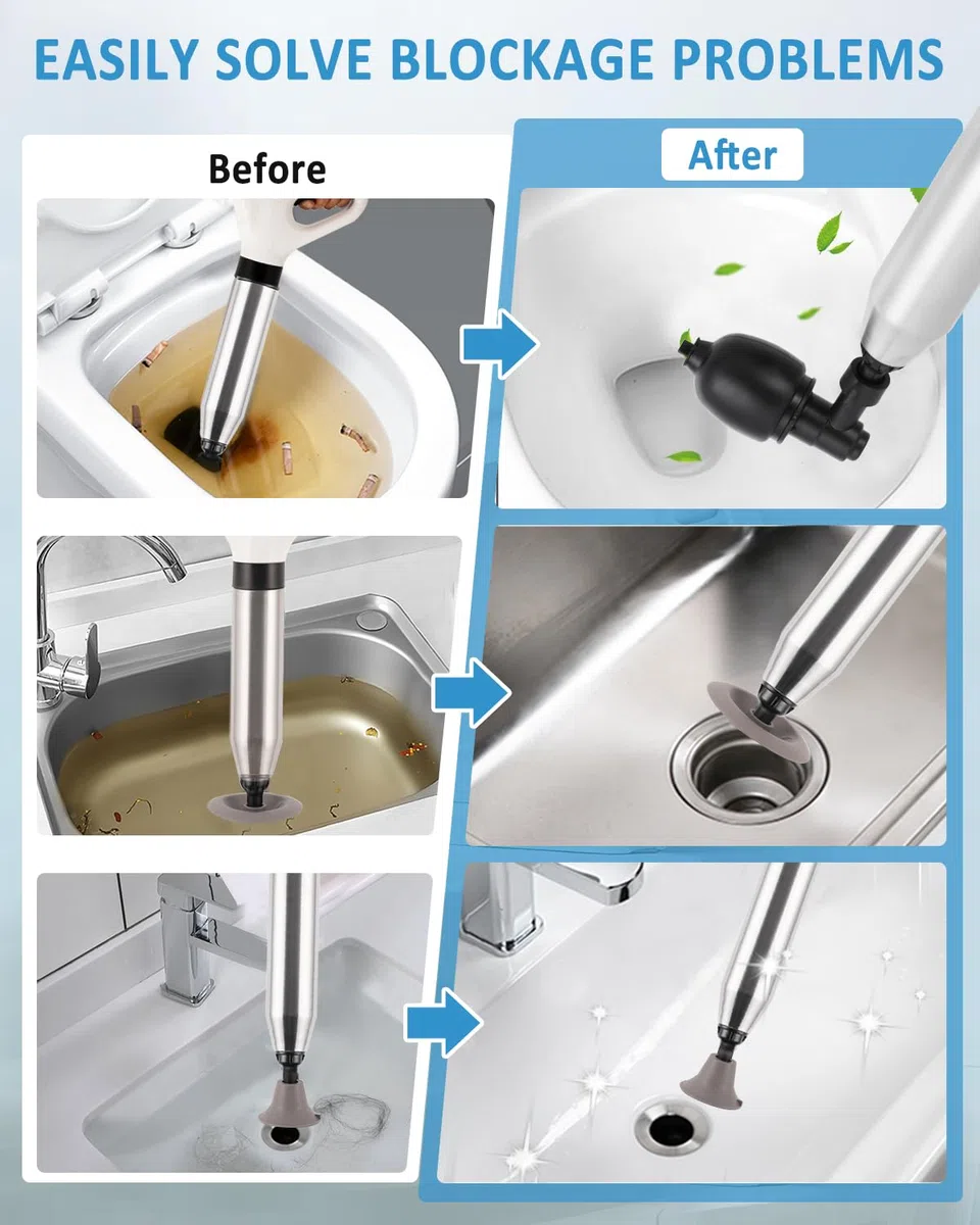 YUCHENGTECH Déboucheur WC Puissant Deboucheur Toilette Haute Pression Pompe Deboucheur Canalisation avec un Support et 4 Têtes Remplaçables pour Déboucher les Toilettes/Lavabo/Baignoire/Drain de Sol