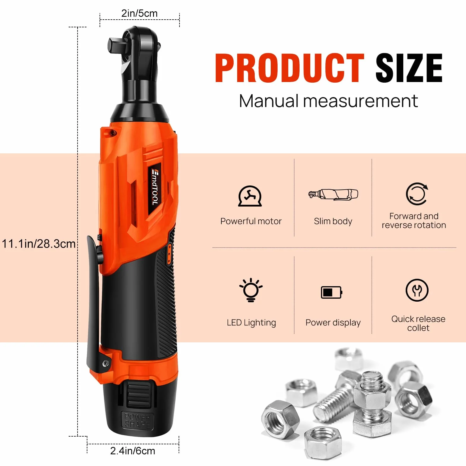 DayPlus Clé à cliquet sans fil 12V avec batterie, 2 batteries Li-ion de 1,5Ah et chargeur rapide, 2300 tr/min, 40 Nm, clé à cliquet électrique avec 7 douilles, orange