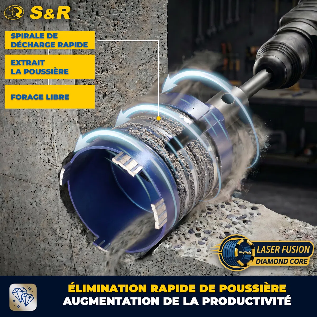 S&R Scie Cloche Trépan Béton 68mm. Foret Couronne Diamant Carotteuse 68. Scie Cloche Brique Marbre Maçonnerie. Adaptateur SDS Plus M16 et Foret Guide 8x110 mm