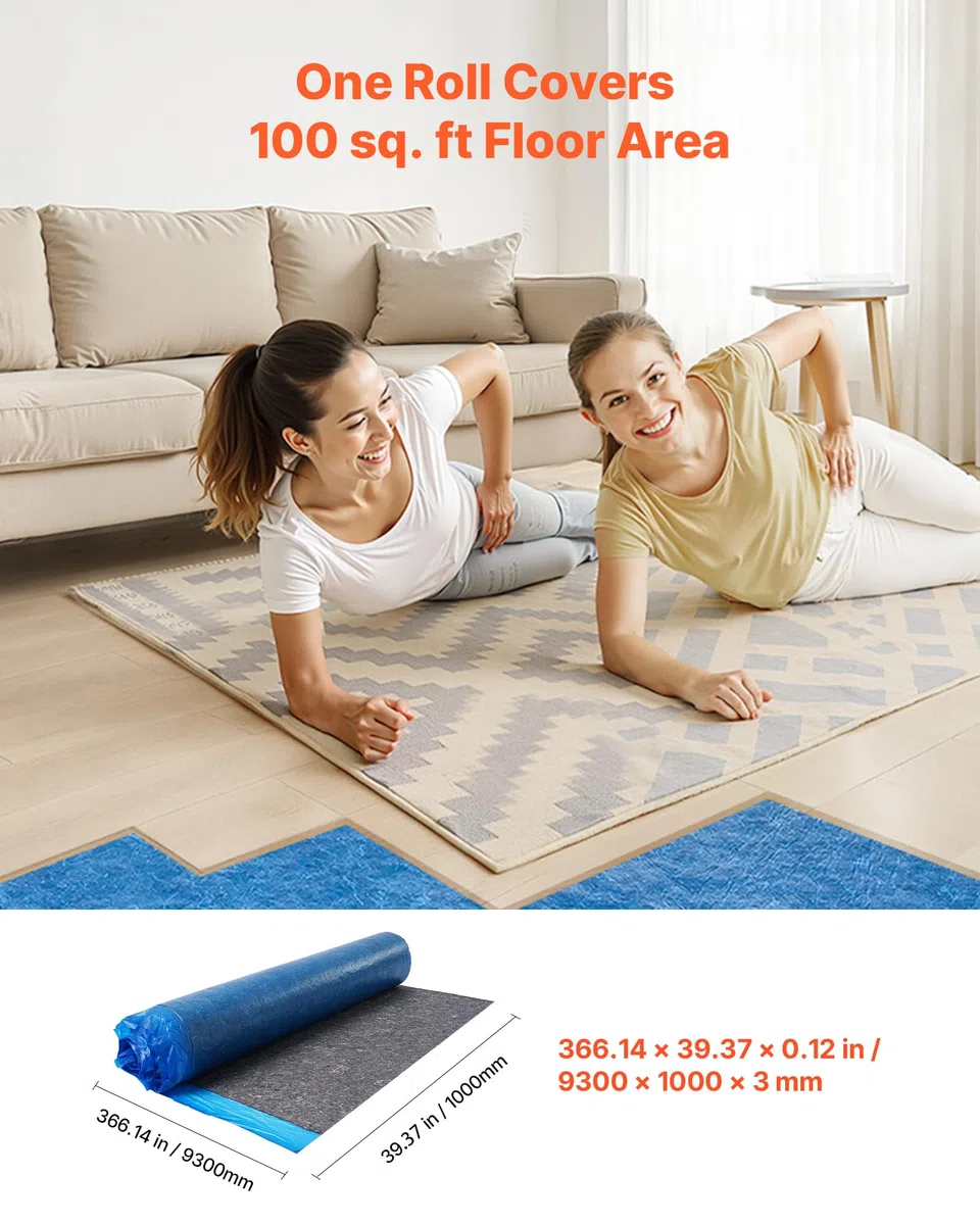 VEVOR Sous Couche Parquet, 9,3 m², Sous-couche Isolante, Épaisseur 3 mm, Fibre Robuste, Film PE Imperméable, Insonorisation Anti-humidité, Protection d'Infiltration, pour Sol Vinyle, Stratifié, Bois