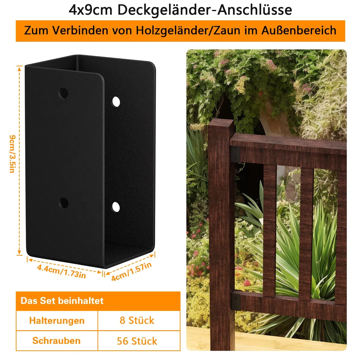 Lot de 8 Connecteurs de Balustrade - Supports Cachés Pour Clôture, Véranda, Jardin - Pour Connecter du Bois de 5,8 x 10,12 cm à des Poteaux en Bois