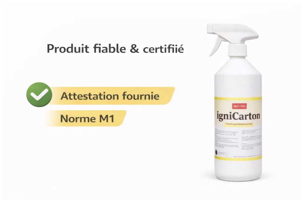Spray Ignifuge Carton et papier 1L – Traitement Anti-Feu Certifié M1 – Protection Incendie pour Carton, Papier & Emballage – Prêt à l’Emploi – Fabriqué en France