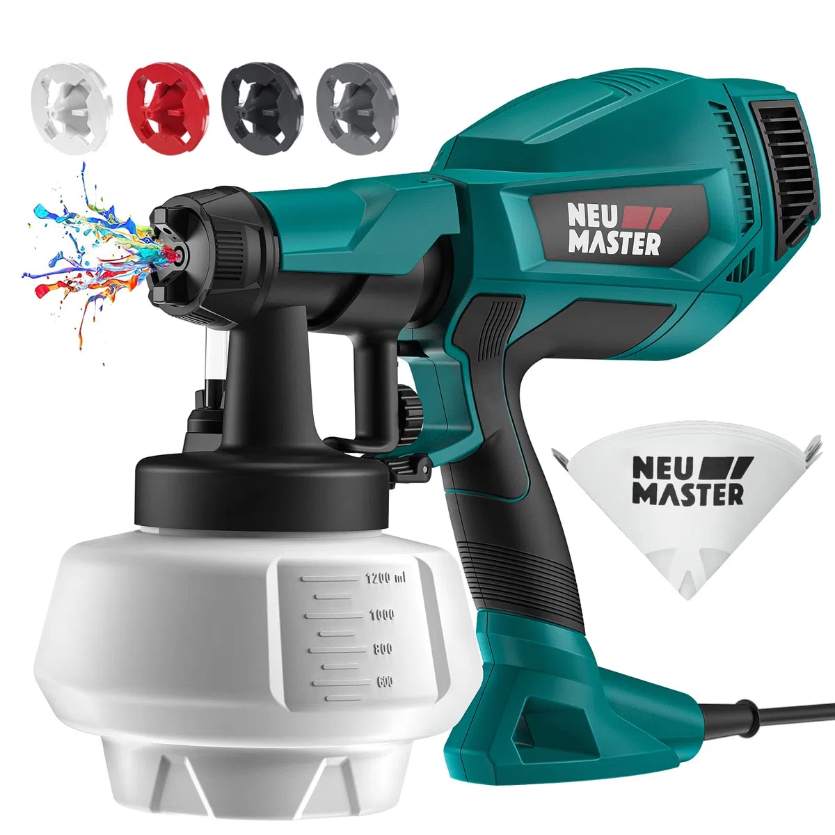 Pistolet a Peinture - NEU MASTER Pistolet à Peinture Électrique avec 4 Buses, 3 Modèles & 1200ml Réservoir pour Meubles, Murs, Portes, Clôtures, Bricolage