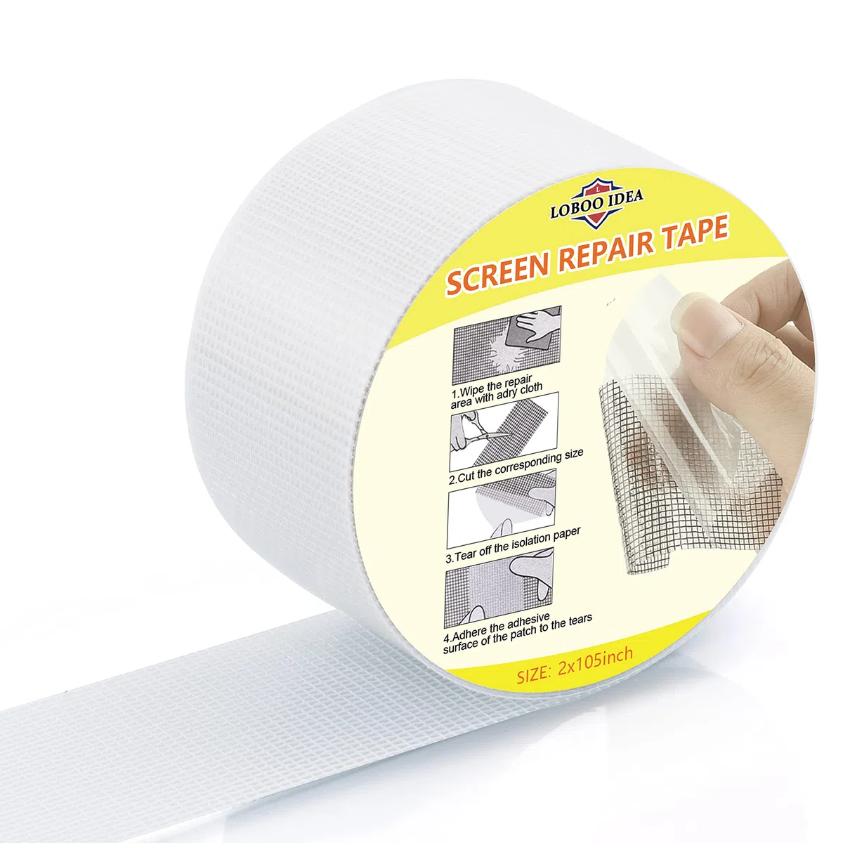 Loboo Idea Kit de réparation pour écran de fenêtre avec ruban adhésif puissant en fibre de verre pour réparation de fenêtre et de porte d'écran (5 x 200 cm), blanc)