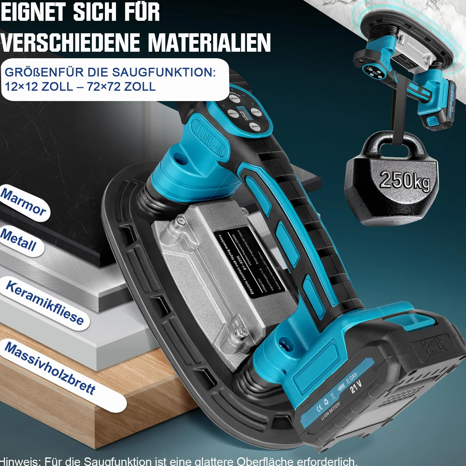 Secoueur de carrelage 2 en 1 sans fil et ventouses avec 2 batteries de 2000 mAh, vibromasseur de carrelage avec ventouse de 22,5 x 12 cm, adsorption 250 kg, 9 vitesses réglables 25 000 tr/min