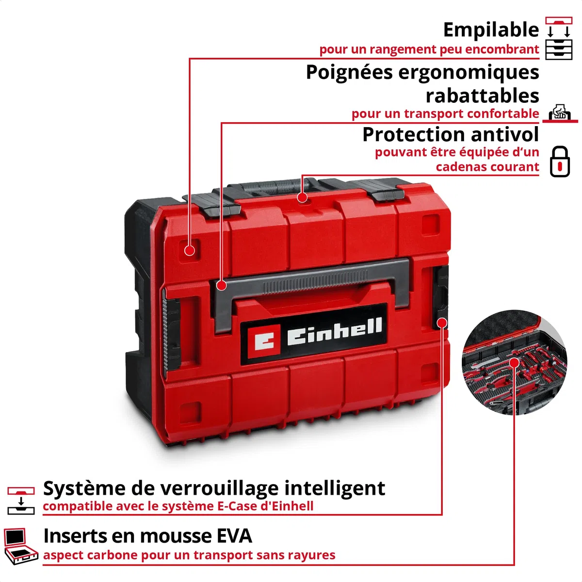 Original Einhell E-Case coffret à outils 79 pièces déménagement (marteau de mécanicien, pinces, accessoires d’embouts, cutter à lame sécable, mètre ruban, niveau à bulle, clés mixtes, coffret système)