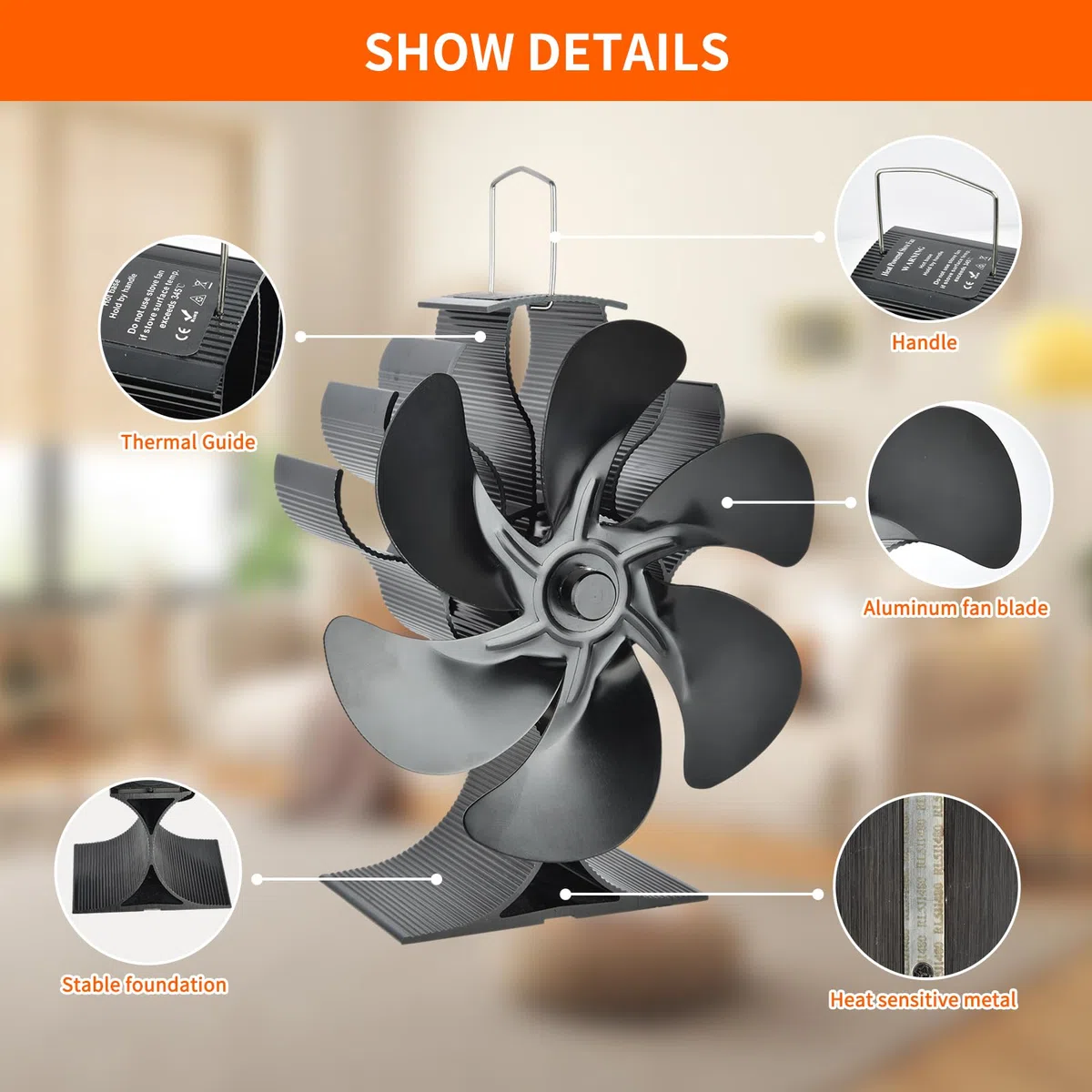 SHAVINGFUN 6 pales Ventilateur de poêle à chaleur,ventilateur poele à granulésVentilateur Silencieux pour Poêle à Bois/Cheminée/Gaz/Bûches