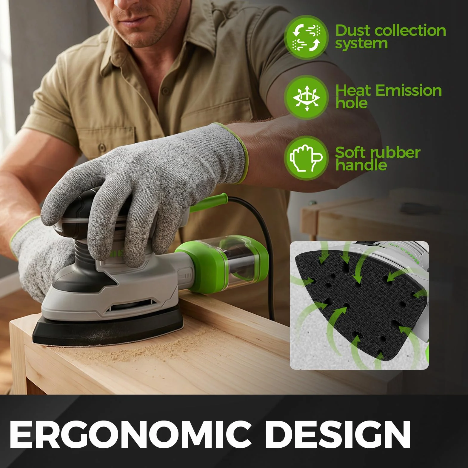 DESOON Ponceuse Bois 180W: 13,000 RPM, Ponceuse Triangulaire avec D'une Aspiration, D'un Bac À Poussière Et De 20 Feuilles Abrasives Autocollantes, pour Ponçage du Bois, Métal, Bricolage