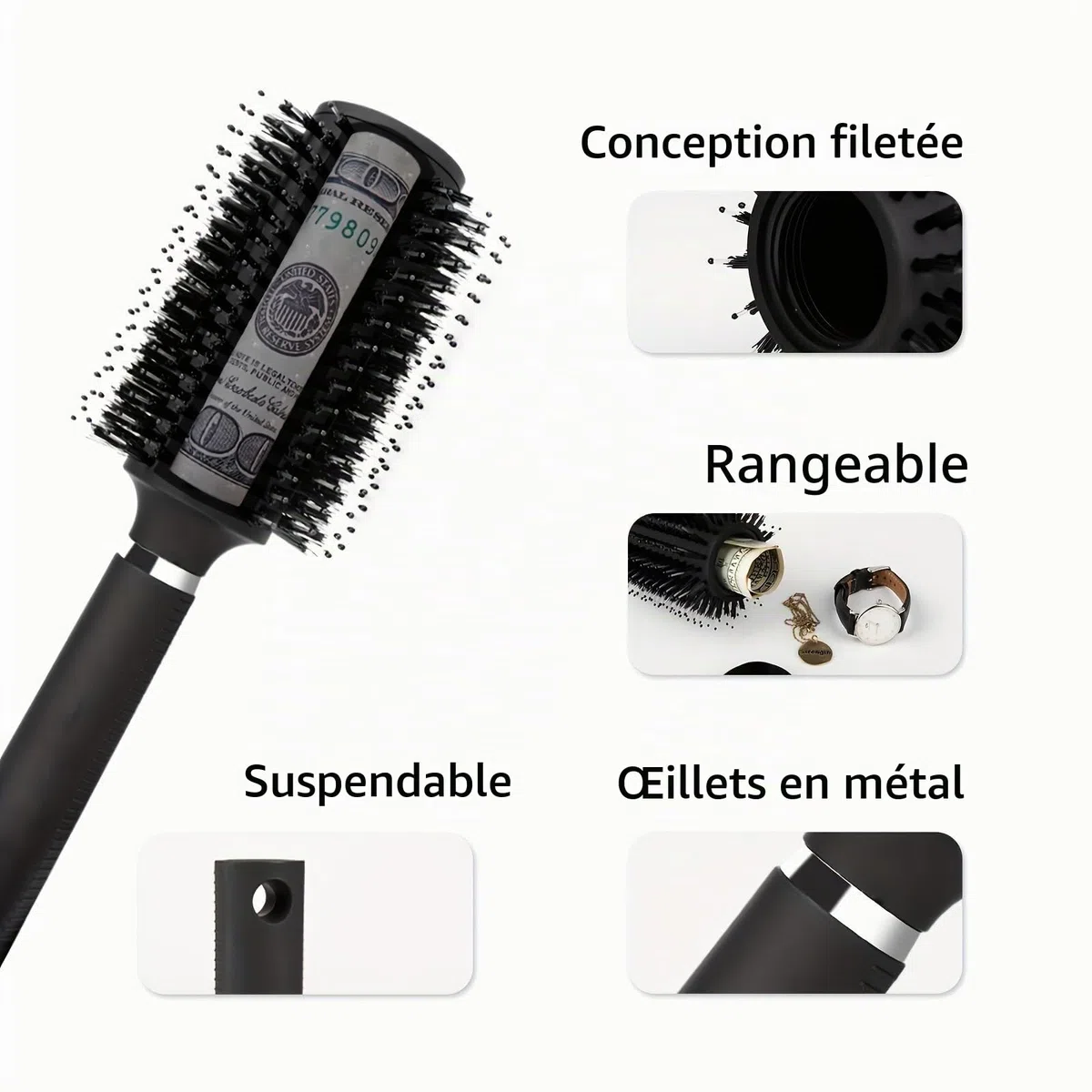 Brosse à cheveux avec rangement secret - Coffre-fort cacher argent et clés, brosse à cheveux de voyage - Tirelire discrète pour objets de valeur (noir)