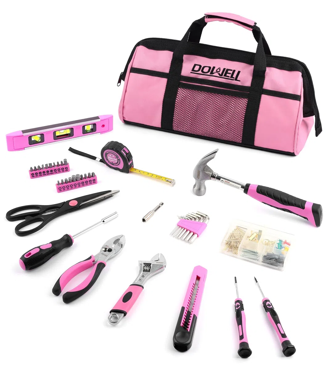 DOWELL Ensemble d'outils rose 140 pièces pour femmes, filles, dames, Set d'outils ménagers avec sac de transport de 35,6 cm