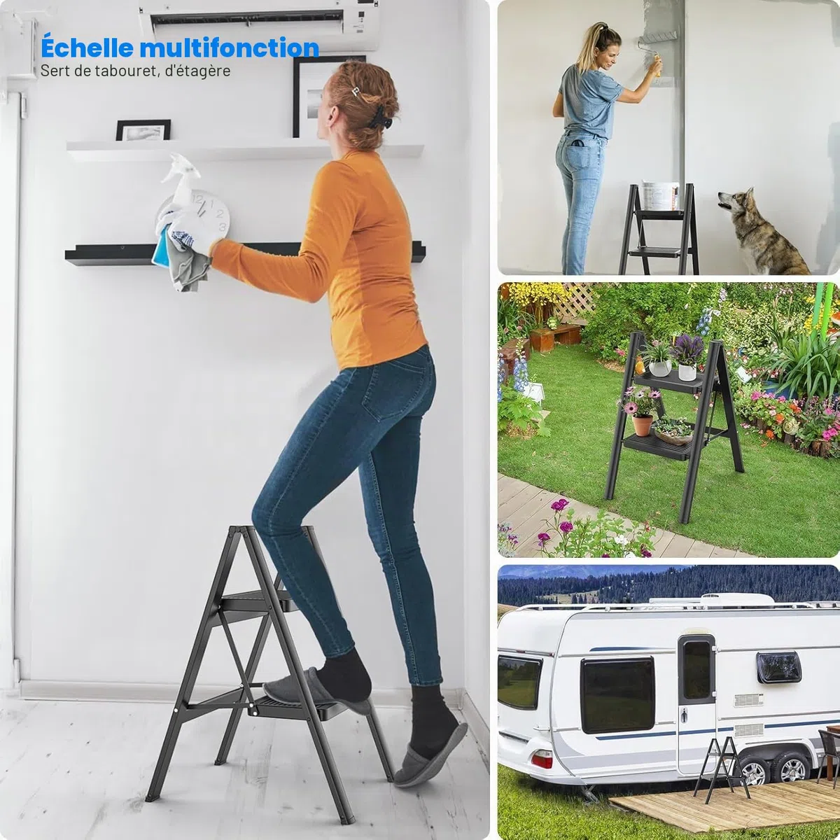 Escabeau pliable à 2 marches pour cuisine, bricolage et jardinage, échelle en acier robuste, capacité de 150 kg avec grande plate-forme antidérapante, escabeau portable et fin, noir