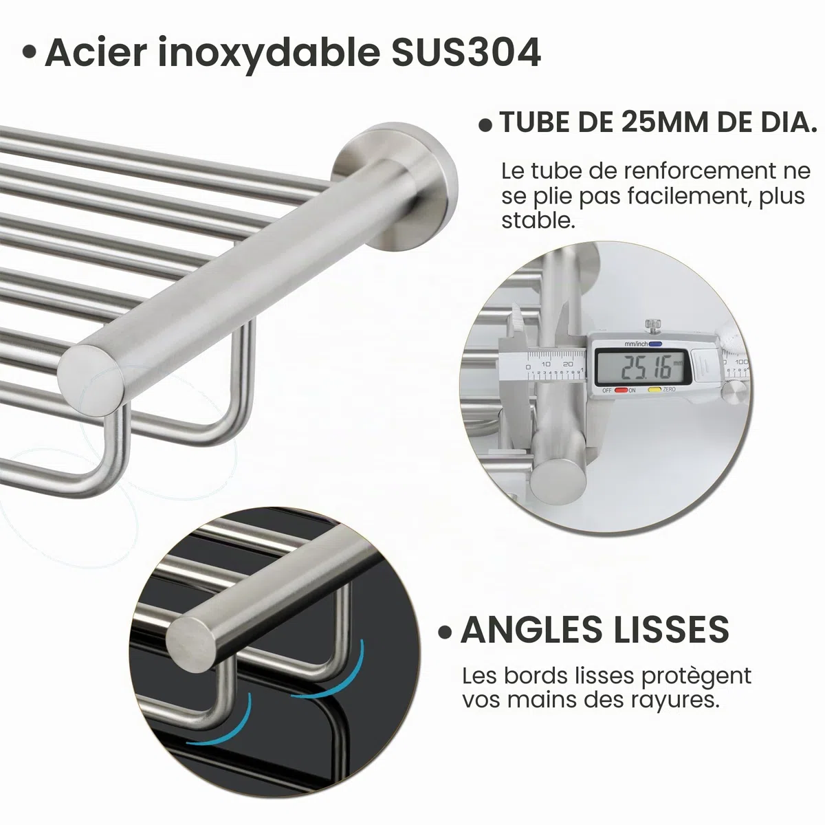 SAYAYO Porte Serviette Mural en Double Barres avec Étagère, Range Support Serviette en Acier Inoxydable pour Salle de Bain Cuisine Toilette, 60CM Brossé, EGKN2308-600-LS (95MM Entre Les Barres)