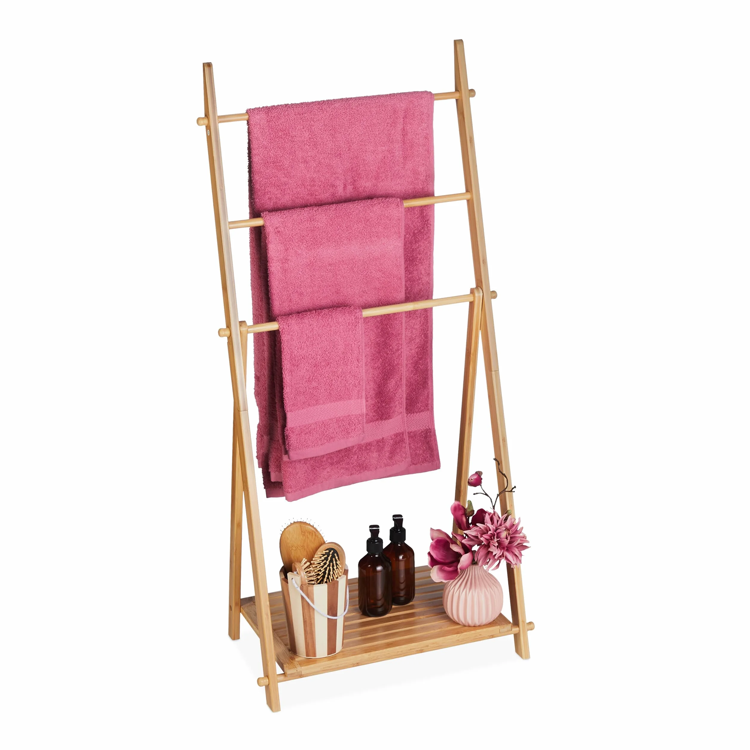 Relaxdays Porte-Serviettes Bambou, 3 Barres, 1 étagère, HxLxP: 110x53x31,5 cm, Pliable, échelle sèche-Serviettes, Nature