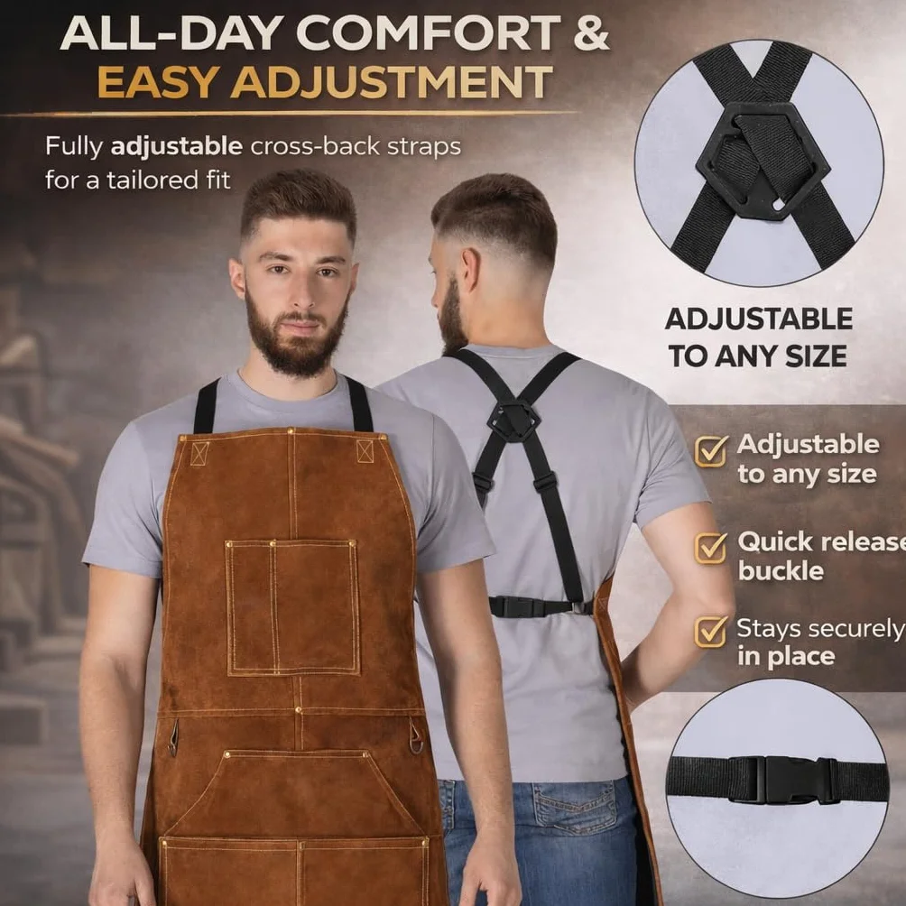 BWOLF SMITH Tablier de Soudeur Professionnel en Cuir | pour Homme avec 6 Poches |Tablier de Soudure Durable de Travail | Anti-flamme et Protection pour Forgeron