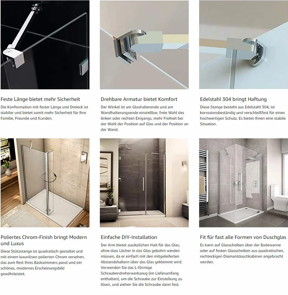 M-Home - Barre de renfort pour paroi de douche - Acier inoxydable, 60 cm, pour paroi en verre sans cadre de 6 à 10 mm d’épaisseur
