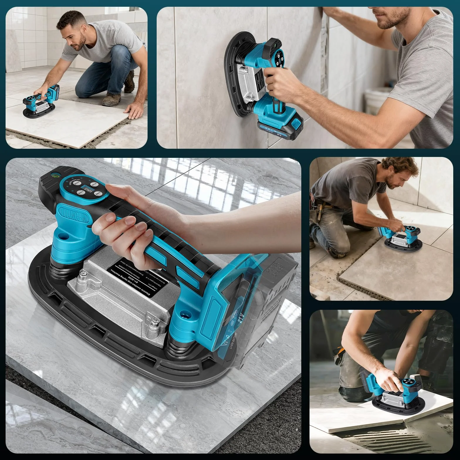Secoueur de carrelage 2 en 1 sans fil et ventouses avec 2 batteries de 2000 mAh, vibromasseur de carrelage avec ventouse de 22,5 x 12 cm, adsorption 250 kg, 9 vitesses réglables 25 000 tr/min