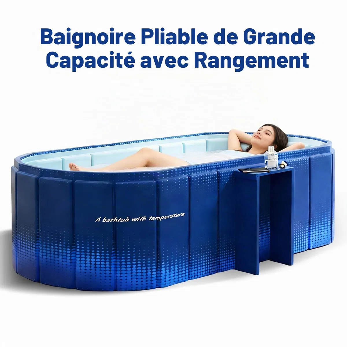 Baignoire portable de 150 cm avec étagère, pliable pour 2 personnes, sans gonflage, baignoire de trempage, bain glacé et spa chaud 2 en 1 pour douche, jardin et camping (bleu)