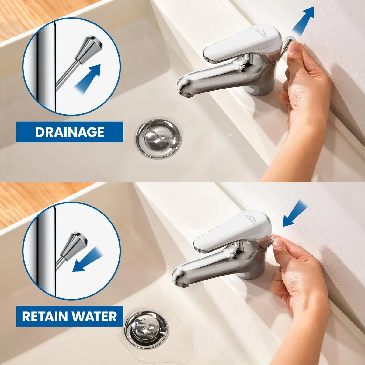 Auralum Mitigeur Lavabo Monotrou avec Bonde à Tirette, Robinet Salle de Bain Chromé en Laiton, Cartouche Céramique Mousseur Démontable
