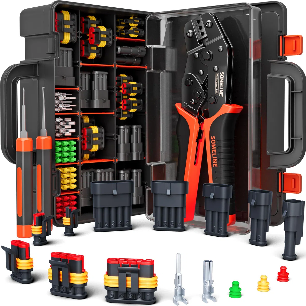 SOMELINE Kit de connecteurs automobiles étanches, Pince à sertir 0,34–2,5 mm², avec connecteurs 1/2/3/4/5 broches, outil de démontage | Pince à sertir compatible avec les connecteurs AMP série 1.5
