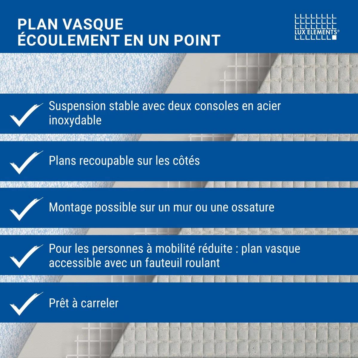LUX ELEMENTS Plan de vasque suspendu prêt à carreler, 117 x 58,5 x 10 cm, LAVADO-FLOAT G LLAVE5001, gris