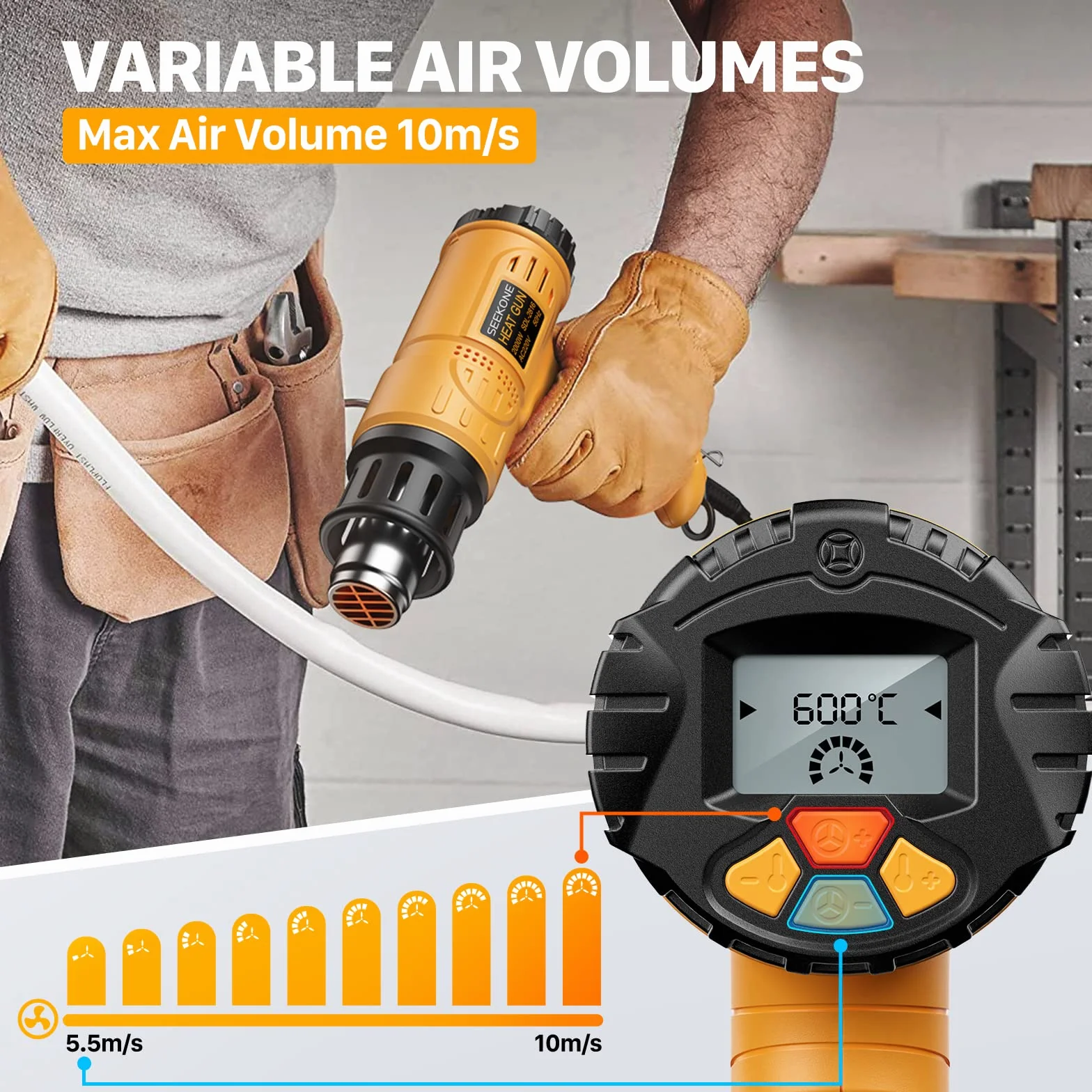 SEEKONE Décapeur Thermique Professionnel 2000W 50℃ - 600℃ avec Grand Écran LCD Numérique Kit de Pistolet à Air Chaud Contrôle de Température Variable, Mémoire de Mise sous Tension, Conversion ℃ - ℉