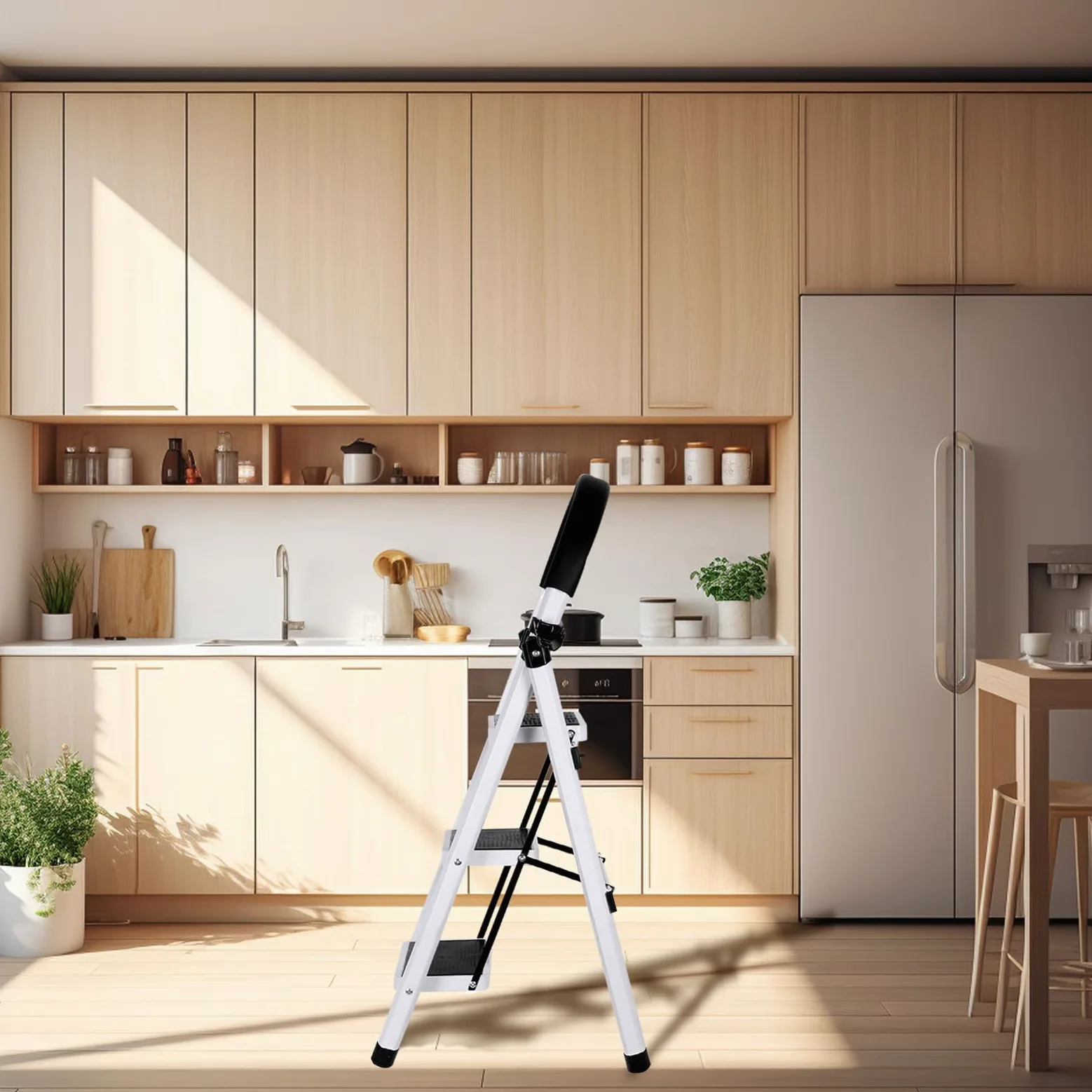 Escabeau avec Plateforme de Travail, Charge 180 kg Escabeau Pliable, Larges Marche Pied Pliable Antidérapantes, Tabouret en Acier Marche Pied Adulte (104 x 57 x 41,5 cm – 3 étapes (Blanc))