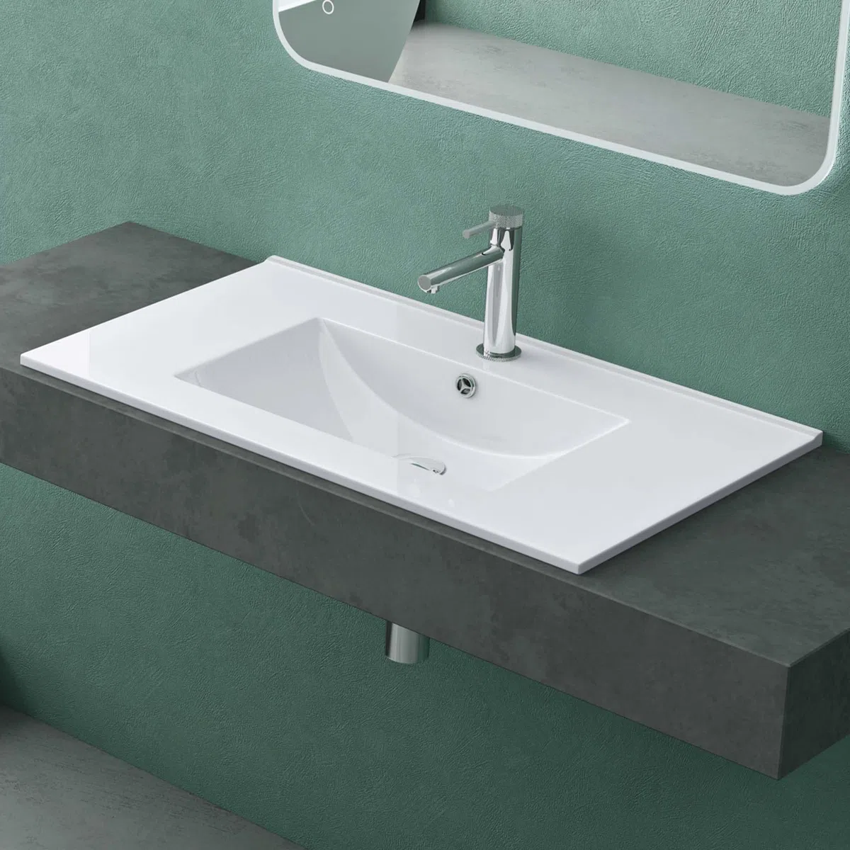 Mai & Mai Lavabo Encastré en Céramique 80cm Blanc Lave Mains Rectangulaire avec Perçage de Robinet et Trop-Plein 81x47x18cm BR912