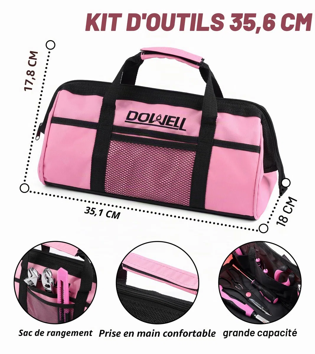 DOWELL Ensemble d'outils rose 140 pièces pour femmes, filles, dames, Set d'outils ménagers avec sac de transport de 35,6 cm