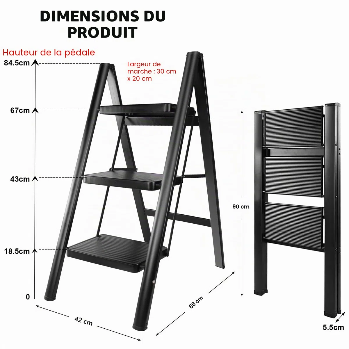 Escabeau 3 Marches Pliable, Grandes Marches, Petite Échelle Domestique pour La Cuisine 3 Marches, Facile à Utiliser, Capacité Charge 150kg