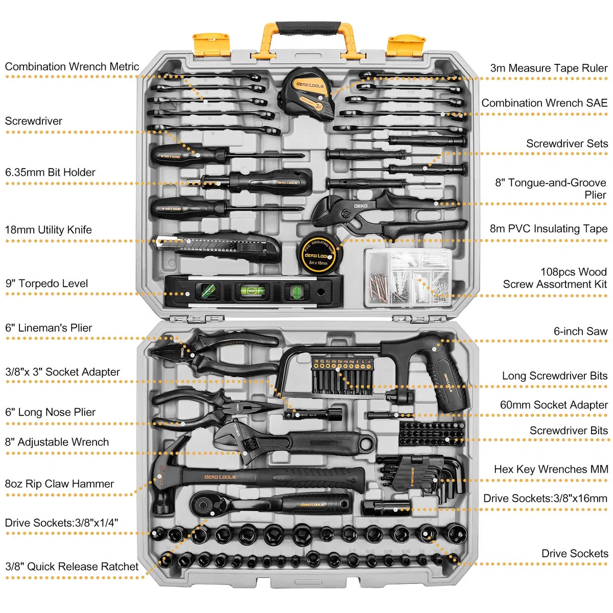 DEKOPRO Kit d'outils à main 218 pièces pour la maison, ensemble d'outils professionnels pour la réparation automobile, ensemble d'outils à main avec tournevis