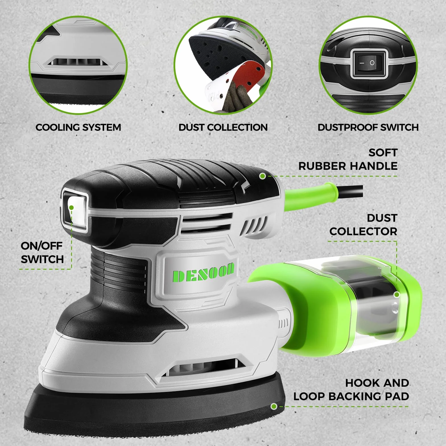 DESOON Ponceuse Bois 180W: 13,000 RPM, Ponceuse Triangulaire avec D'une Aspiration, D'un Bac À Poussière Et De 20 Feuilles Abrasives Autocollantes, pour Ponçage du Bois, Métal, Bricolage