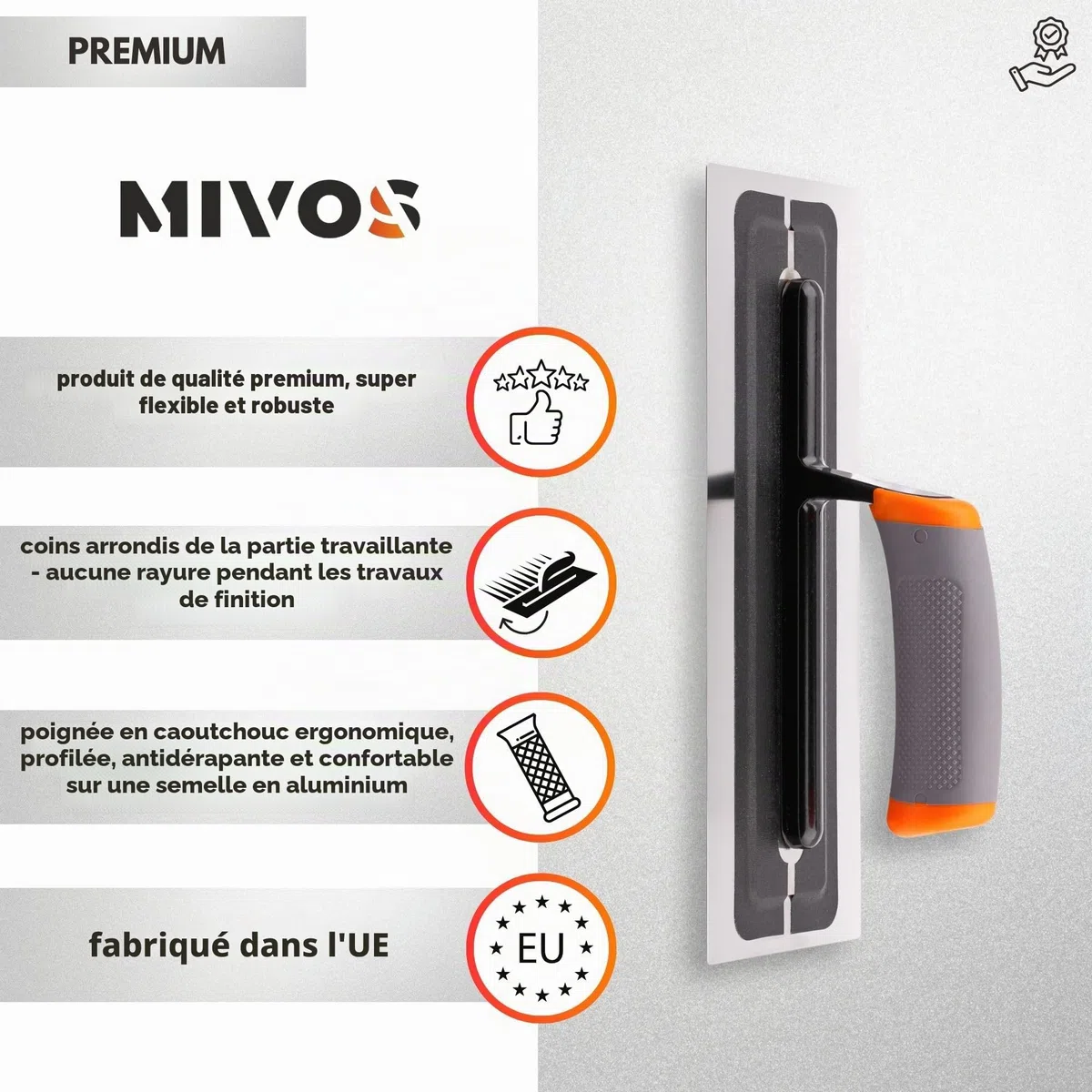 MIVOS Pelle à enduire Premium en acier inoxydable de haute qualité 280x110mm - Spatule pour enduit professionnel - Lisseuse - Outil de cloison sèche - Poignée ergonomique et antidérapante - FABRIQUÉ