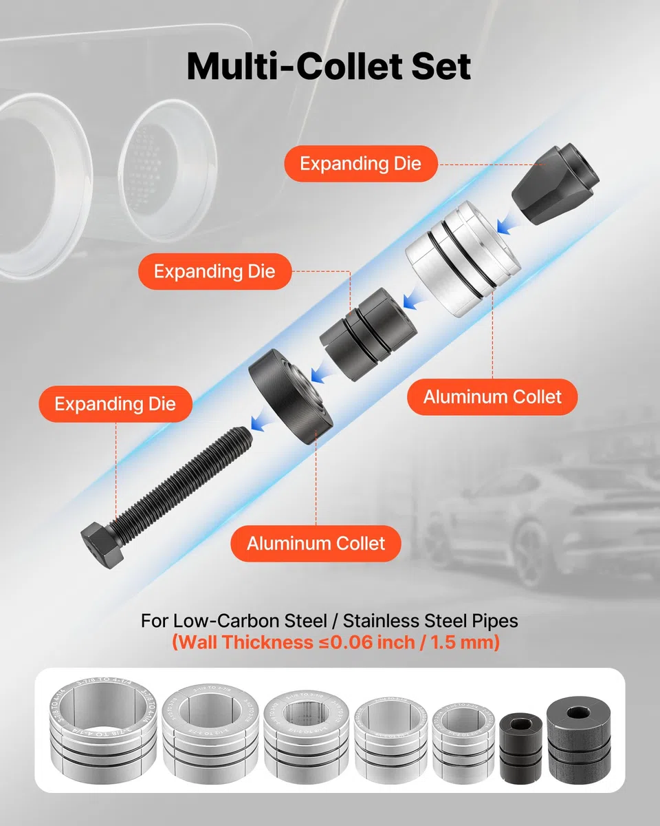 VEVOR Kit Élargisseur de Tuyau de Pot d'Échappement 41,27-107,95 mm Expandeur pour Tuyaux d'Échappement Ateliers de Réparation Automobile Outil à Évaser avec 7 Pinces Collet, Mallette de Rangement