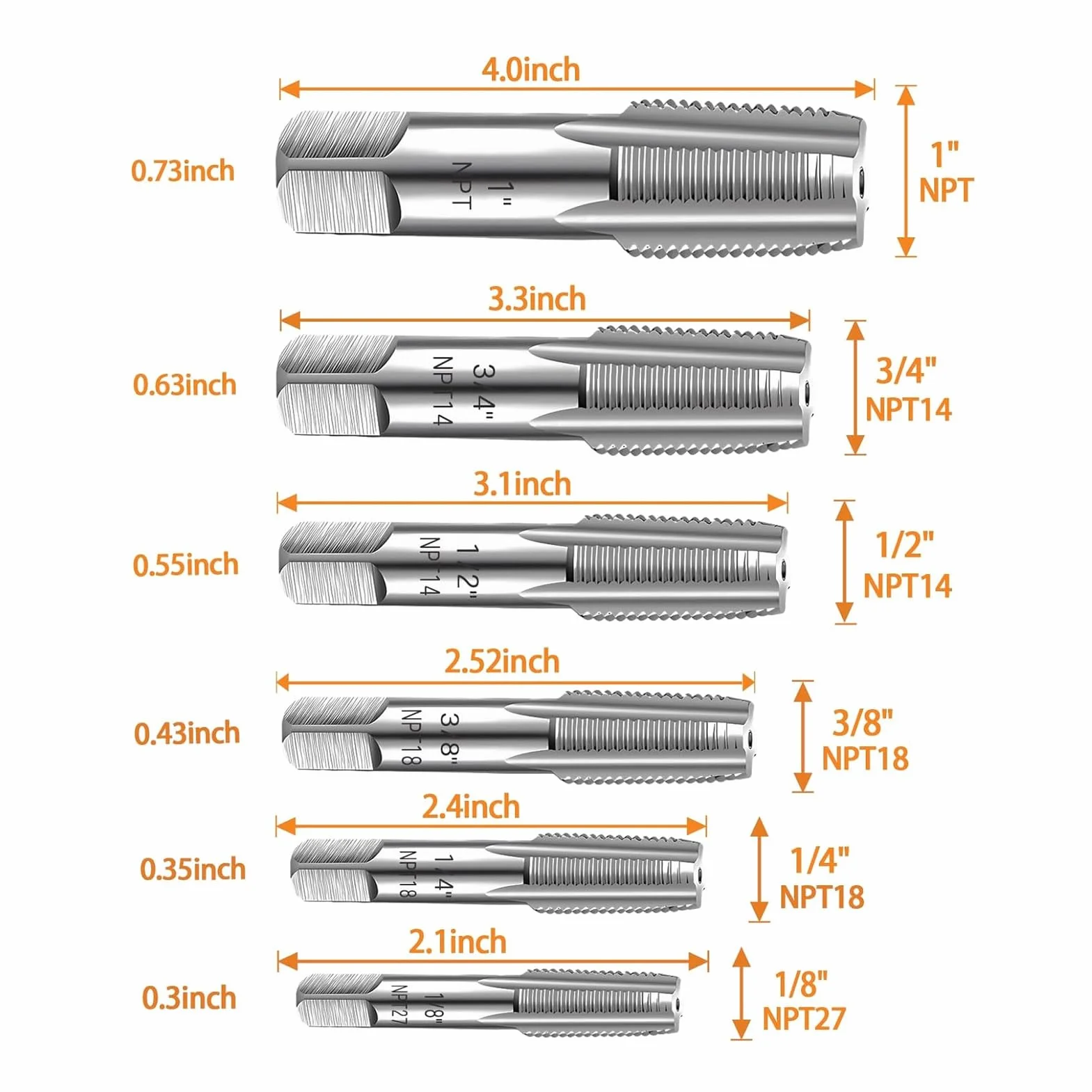 Ensemble de Tarauds de Tuyau NPT, 6 Pi¨¨ces, Boulon de Taraudage de Tuyau Conique ¨¤ la Main, Ensemble de Taraudage Facile, Robinet de Tuyau NPT 1 Po 3/4 Po 1/2 Po 3/8 Po 1/4 Po