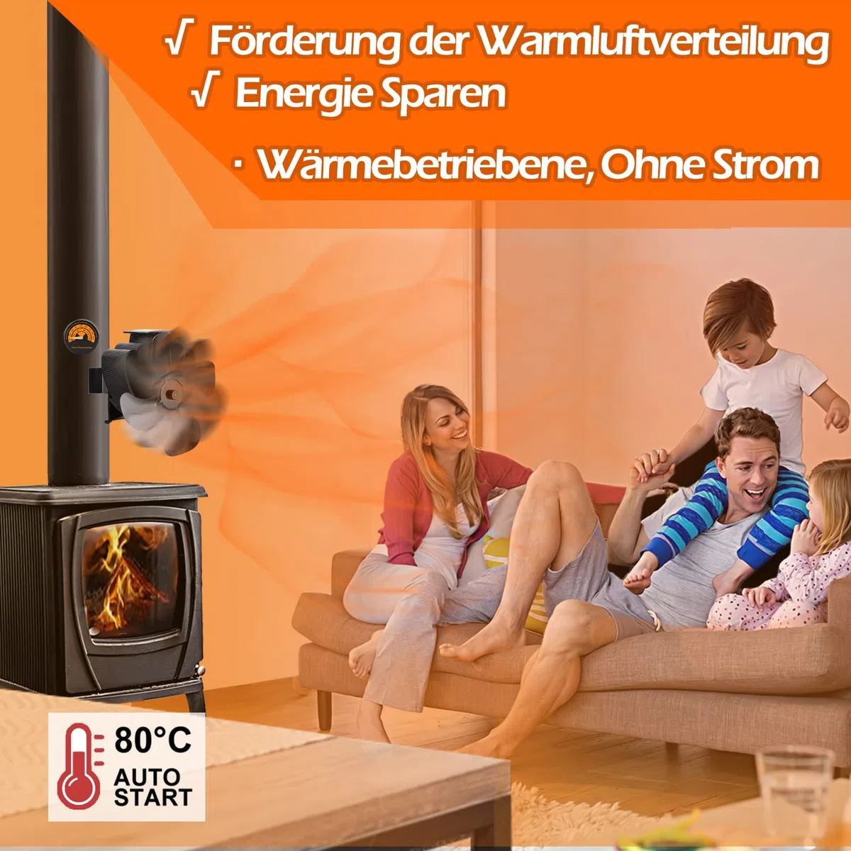 CWLAKON Ventilateur Poele à Bois Magétique, Ventilateur de Cheminée pour Tuyau/Poêle à Gaz - Silencieux Alimenté par Chaleur avec Thermomètre