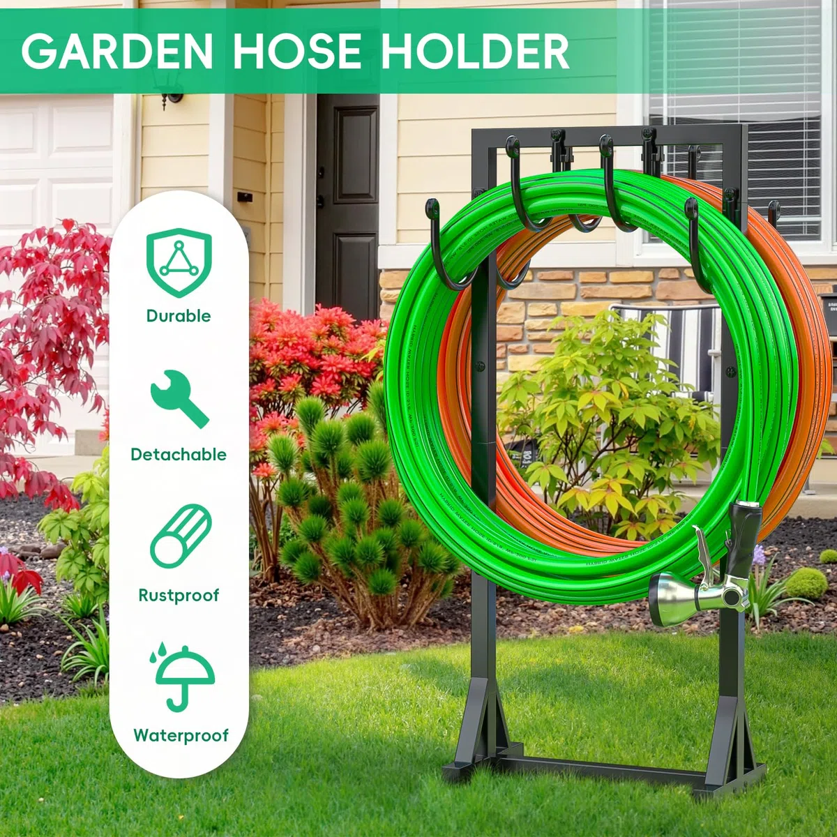 Bomclap Support de tuyau d'arrosage, 116 cm, double face, autoportant, pour jardin, support de tuyau d'arrosage, amovible, en métal, avec crochet, robuste